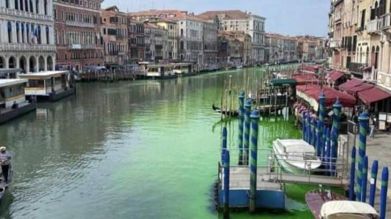 «في مياه البندقية».. سائل أخضر يثير مخاوف الإيطاليين